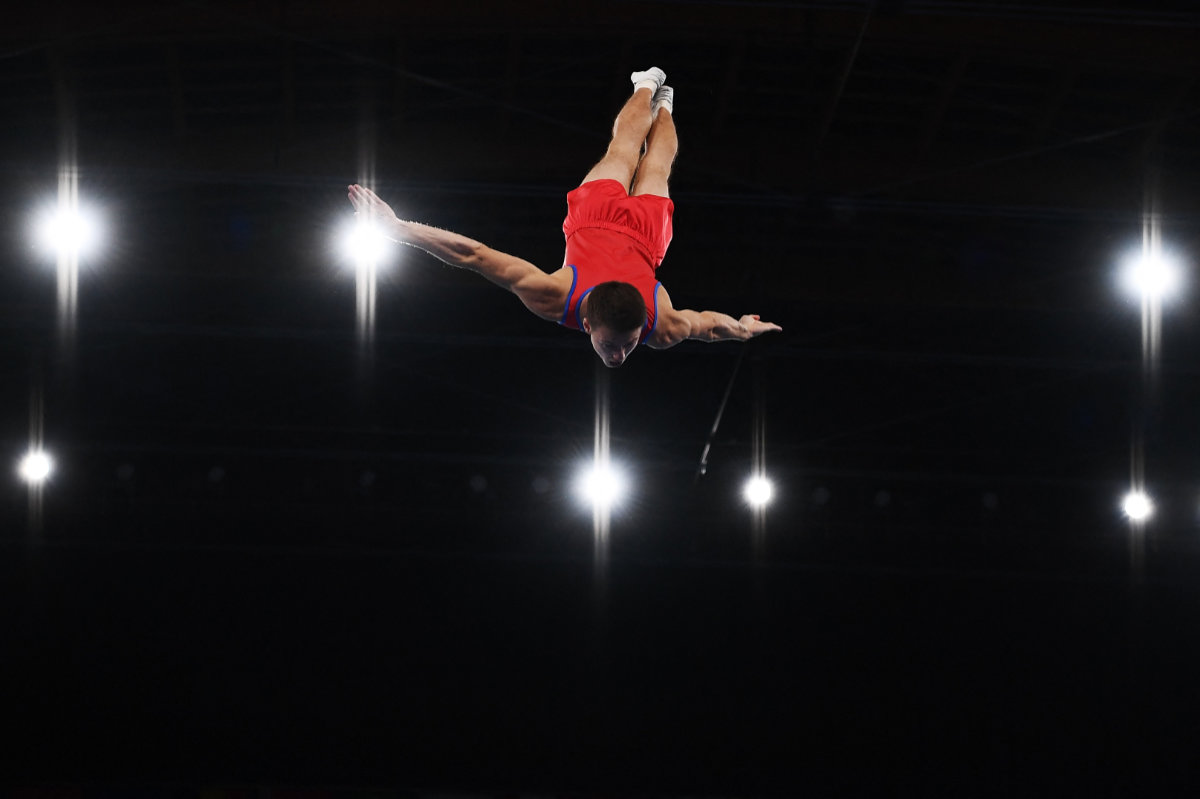 Dimitri Ushakov. World Trampoline Gymnastics Championships 2019. Photo by CHARLY TRIBALLEAU _ AFP